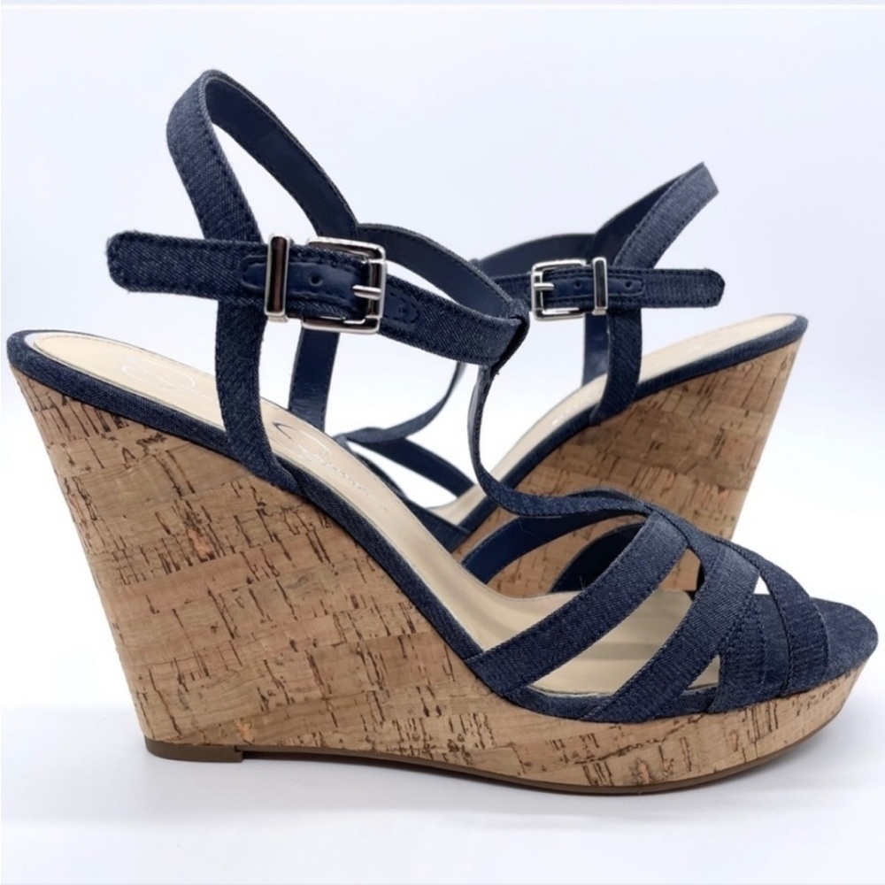 Jessica Simpson Cork Denim Wedge Heel Sandals Shoes size 9